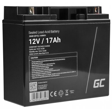 Baterija (akumuliatorius) GC AGM VRLA (švino rūgšties) 12V 17Ah elektriniams varikliams ir valtims