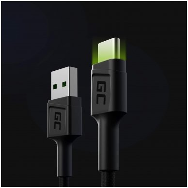 Kabelis GC Ray USB - USB-C 120cm su žaliu LED indikatoriumi ir greitu krovimu Ultra Charge, QC 3.0 1