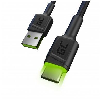 Kabelis GC Ray USB - USB-C 120cm su žaliu LED indikatoriumi ir greitu krovimu Ultra Charge, QC 3.0