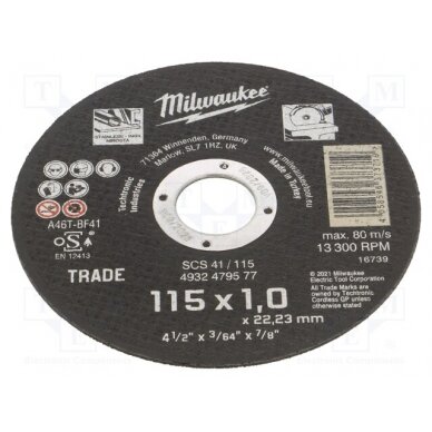 Cutting wheel; Ø: 115mm; Øhole: 22.2mm; Disc thick: 1mm; steel MW-4932479577 Milwaukee 1