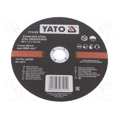 Cutting wheel; Ø: 180mm; Øhole: 22mm; Disc thick: 1.5mm; 8600rpm YT-6105 YATO 1