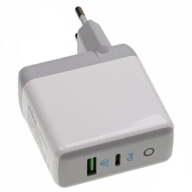 Maitinimo adapteris (kroviklis) telefonui USB-A 18W + USB-C 20W iPhone 13, baltas, 9V, 12V, 5 V 2
