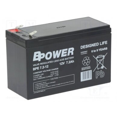 Re-battery: acid-lead; 12V; 7.2Ah; AGM; maintenance-free; 2.25kg ACCU-BPE7.2-12T/BP BPOWER 1