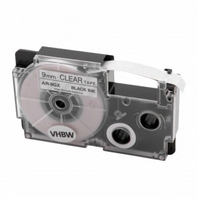 Juosta - kasetė lipdukų spausdintuvui Casio XR-9GX 9mm, juoda ant skaidrios
