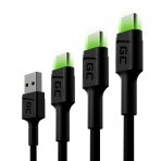 Kabelis 3x USB-C 30cm, 120cm, 200cm su žaliu LED apšvietimu, greitas įkrovimas UC, QC 3.0