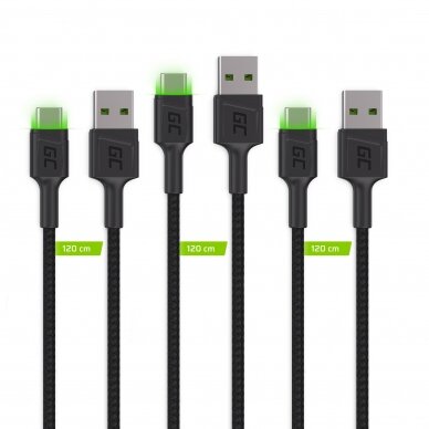 Kabelis 3x USB-C 120cm su žaliu LED apšvietimu, greitas įkrovimas, Ultra Charge, QC 3.0 1