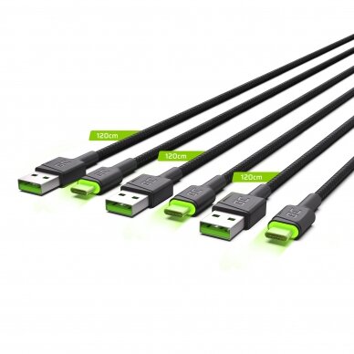Kabelis 3x USB-C 120cm su žaliu LED apšvietimu, greitas įkrovimas, Ultra Charge, QC 3.0 2