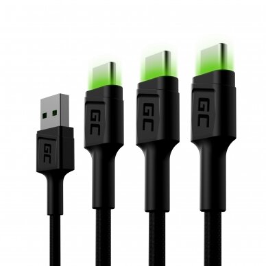 Kabelis 3x USB-C 120cm su žaliu LED apšvietimu, greitas įkrovimas, Ultra Charge, QC 3.0