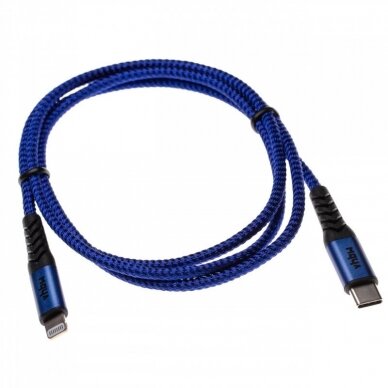 2in1 duomenų kabelis USB tipo C Lightning, nailoninis, 1m, mėlynas