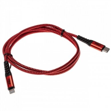 2in1 duomenų kabelis USB tipo C Lightning, nailoninis, 1m, raudona - juoda